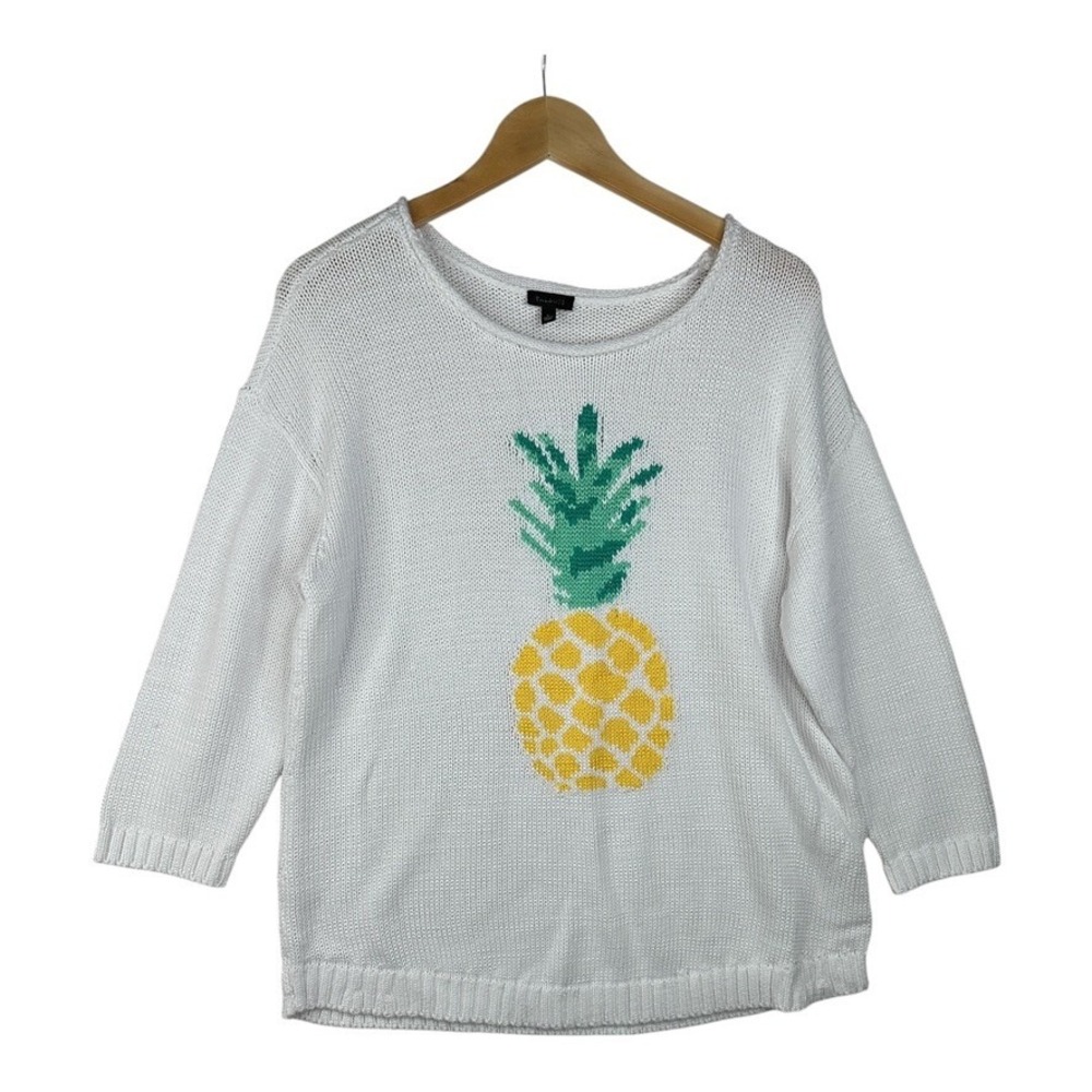 Talbots Womens White Woven Pineapple Roll Neck 3/4 Sleeve Sweater Size Large
